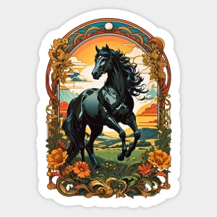 Black Horse Stallion Sunset retro vintage floral design Sticker